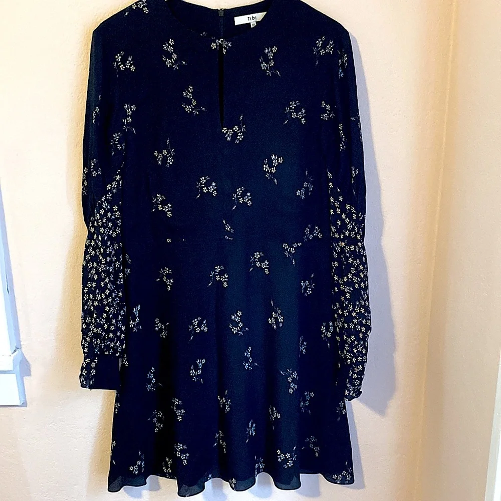 Tibi Florence black ruched sleeve fit flare floral short dress size 10 - Picture 5 of 13